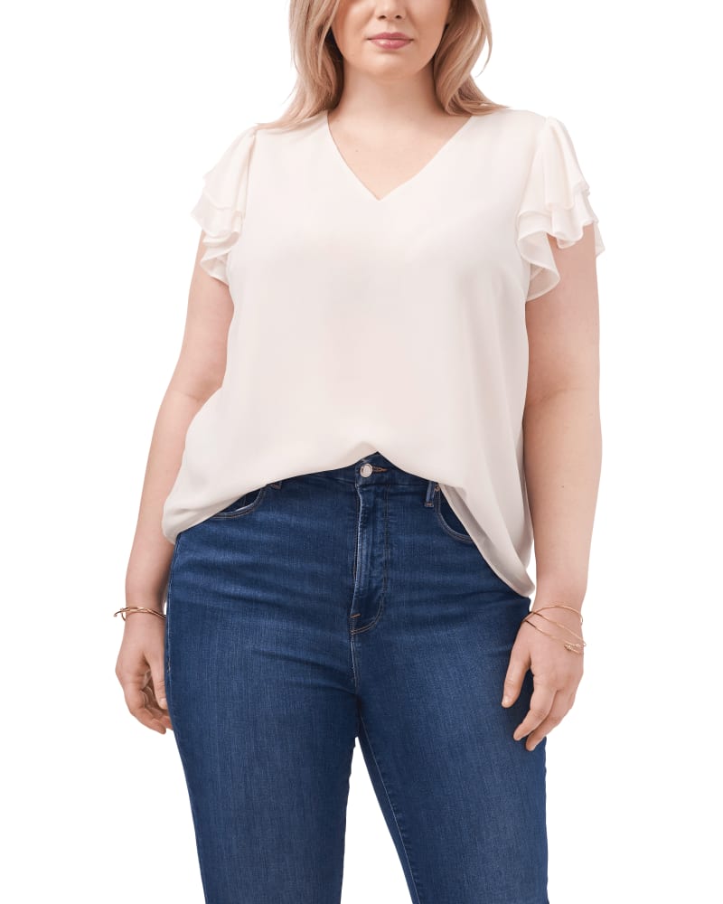 Front of a model wearing a size 1X Callie Flutter-Sleeve Top in SOFT ECRU by 1.State. | dia_product_style_image_id:262464